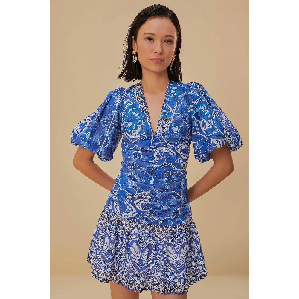Farm Rio Blue Tiles Mini Dress XL Blue White Floral Ruched Puff Sleeve V-Neck - Picture 1 of 8